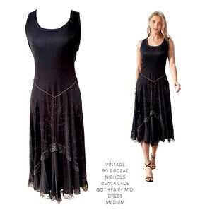 90'S VINTAGE Rozae Nichols Black Lace Whimsy Goth Midi‎ Dress size Medium
